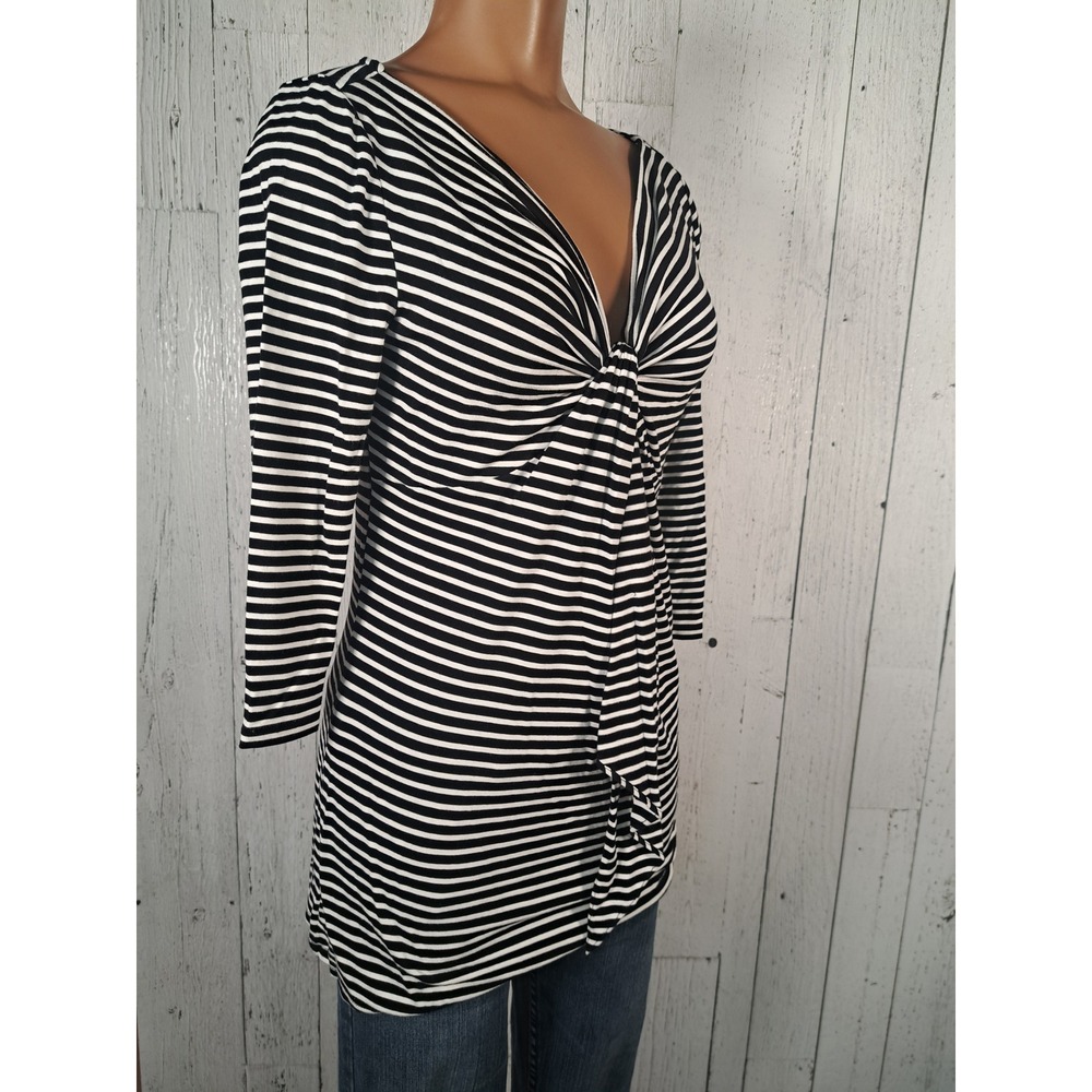 White House Black Market Striped Knot Front V-Neck Tunic Top Black White XS